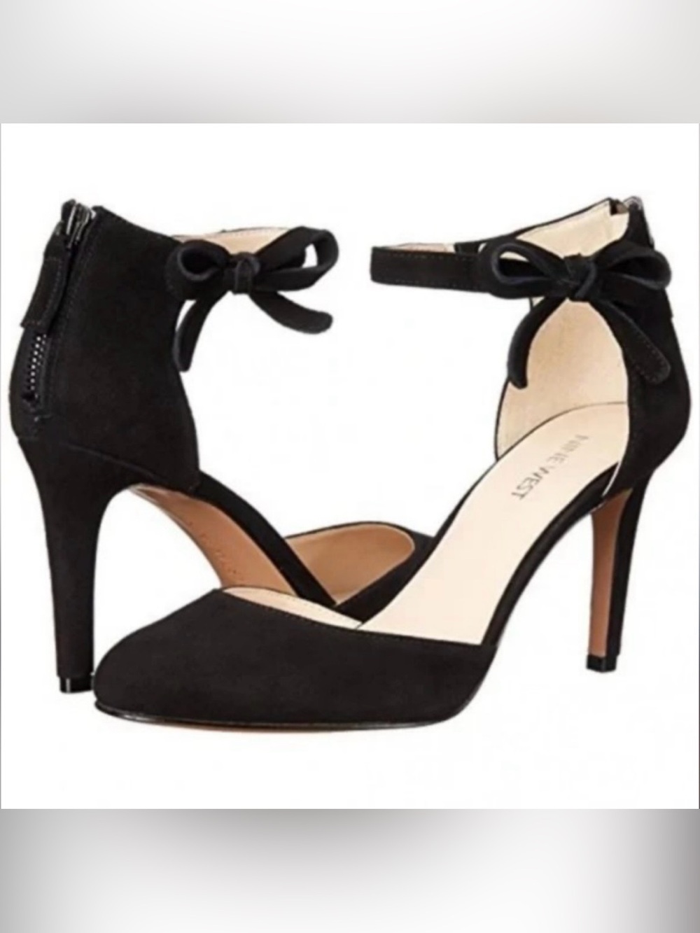 Nine West Women’s 8 Black Suede Ankle-Strap Closed Toe Bow & Zip Pumps in EUC